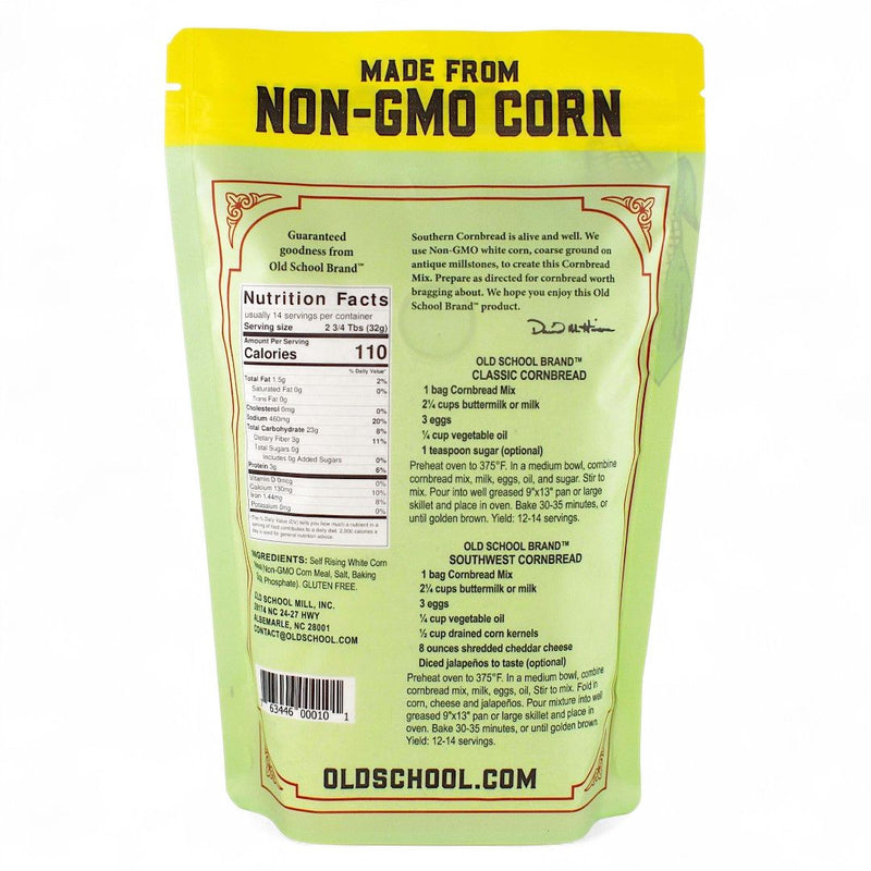Nutrition facts and recipes for Old School Brand Cornbread Mix and Harvest Array.