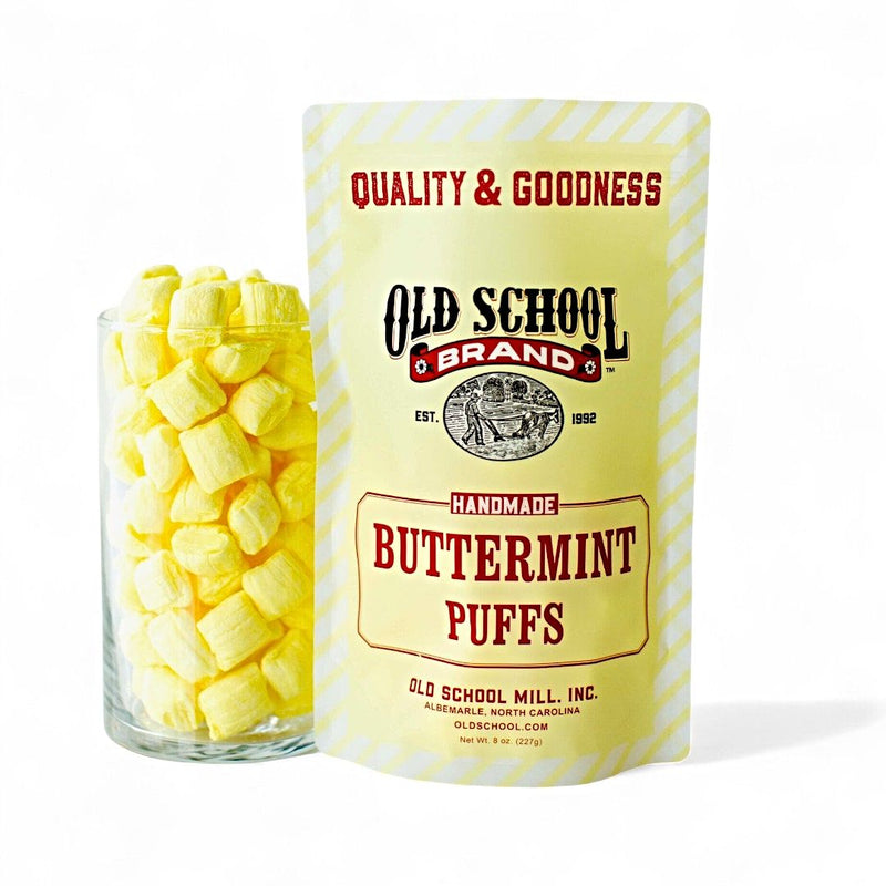 8 oz. Packaging of Old School Brand Buttermint Puffs with a glass container filled with puffs. Order now at harvestarray.com