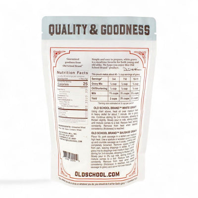 Nutrition Info, Ingredients, and Recipes on the back of the Old School Brand White Gravy Mix Package.