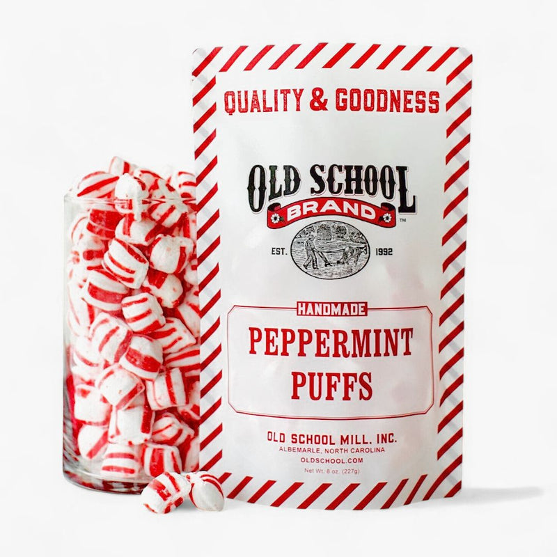 Jar of peppermint puffs with 8 oz. bag of Old School Brand  handmade Peppermint puffs from Harvest Array.