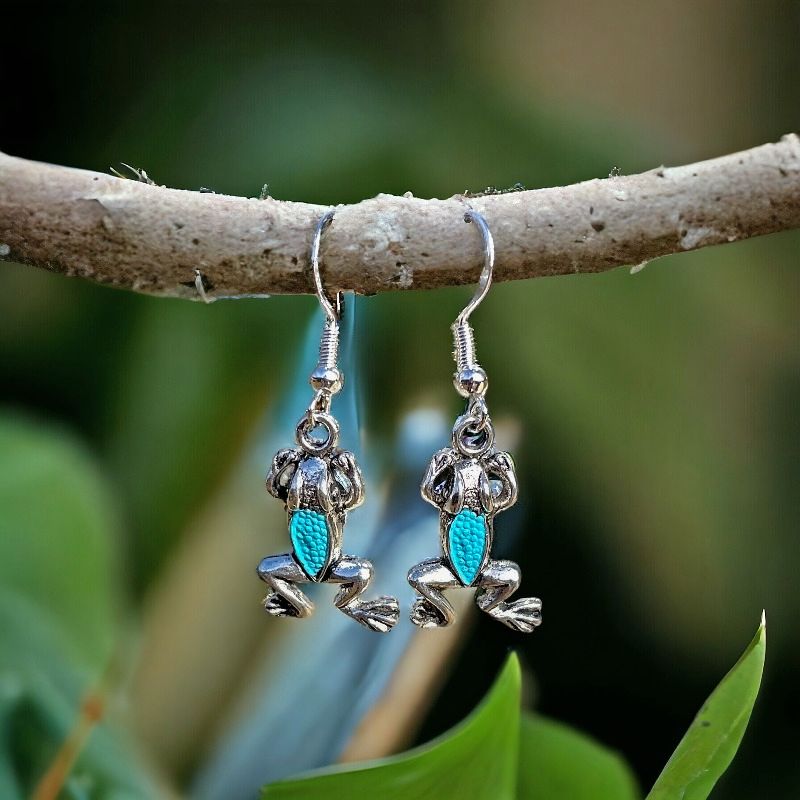 Blue Frog Dangle Earrings handmade in Maryland.