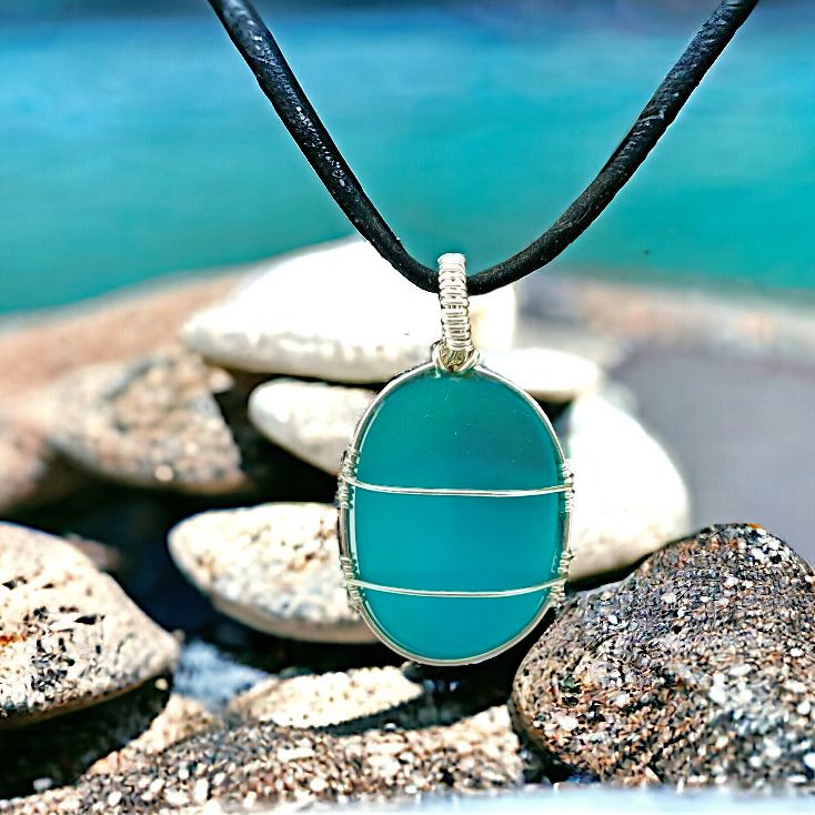 Wire Wrapped Blue Frosted Glass Oval Pendant on 18" Black Cord Necklace