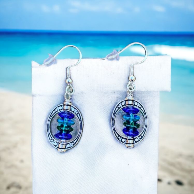 Blue and Green Beaded Oval Frame Earrings reminiscent of ocean colors.