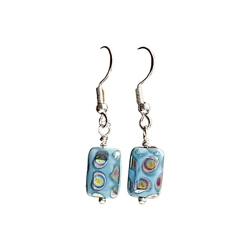 Pretty Iridescent Turquoise blue Dotted Czech Glass Rectangular Bead Earrings made by an artist in Maryland.