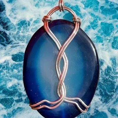 Hand Crafted Fire Blue Agate Pendant Necklace on Harvest Array