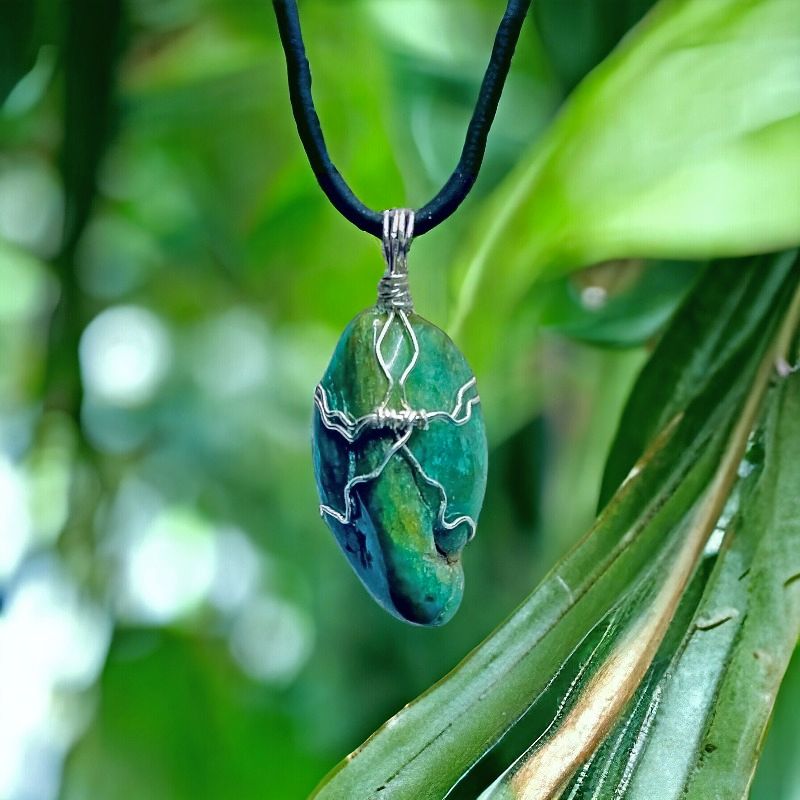 Wire Wrapped Gecko Chrysocolla Stone Pendant Necklace on Harvest Array