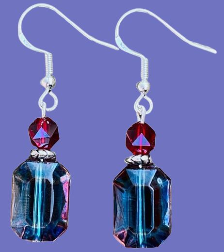 Midnight Dance blue and red beaded earrings with sterling silver ear wires. 