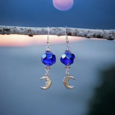 Moon Charm Dangle with Blue Bead Accent Earrings. 
