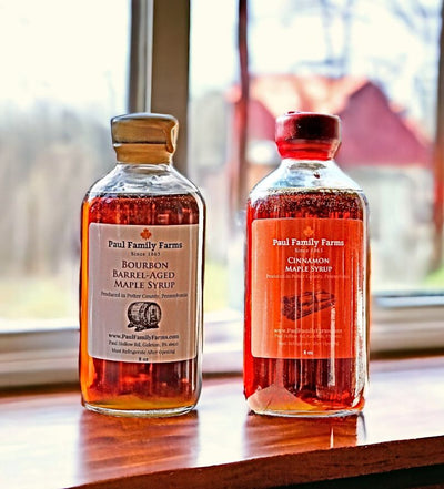 Cinnamon or Bourbon Barrel-Aged Maple Syrup available on Harvest Array