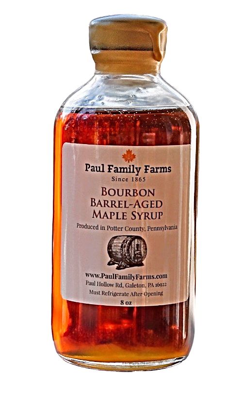 Pure Bourbon Barrel-Aged Maple Syrup made in Pennsylvania, available at Harvest Array online, in an 8 oz. bottle.