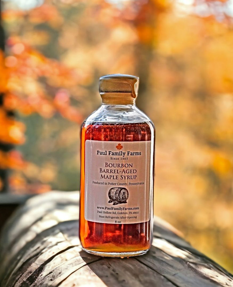 Pure Bourbon Barrel-Aged Maple Syrup made in Pennsylvania, available at Harvest Array online.