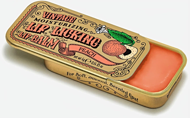 Peach Lip Licking Lip Balm in Vintage Slider Tins now available at Harvest Array