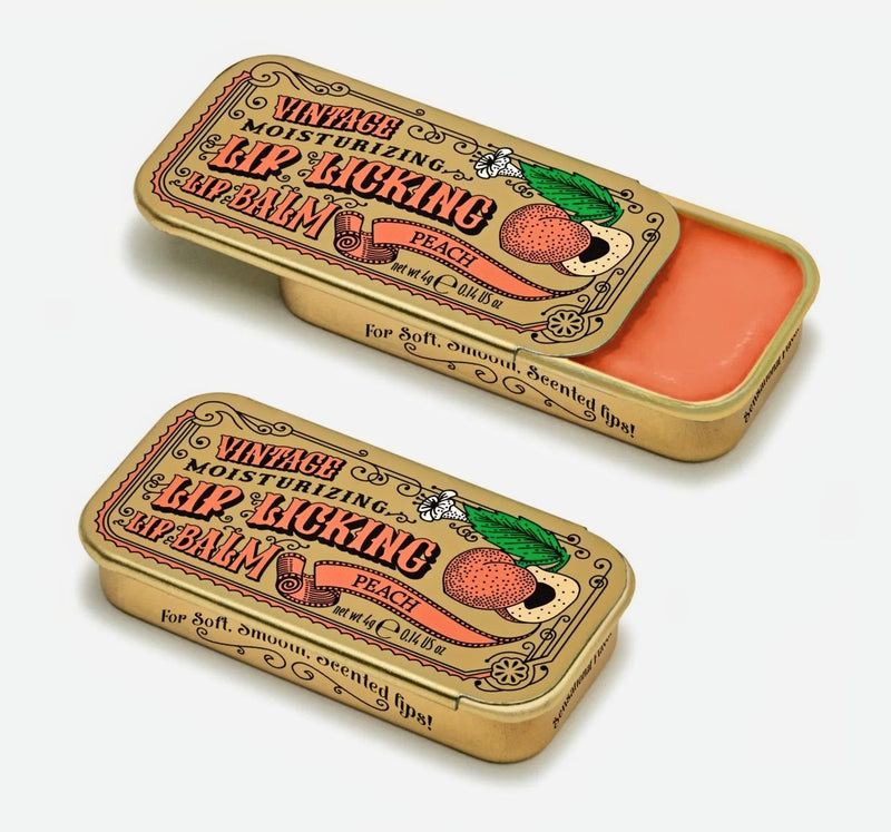 Peach Lip Licking Lip Balm in Vintage Slider Tins. They bring back sweet memories of simpler times.