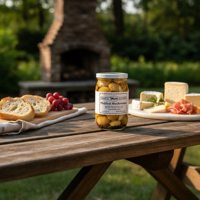Annie’s Kitchen Pickled Mushrooms on an outdoor picnic table with bread, grapes, and cheese.