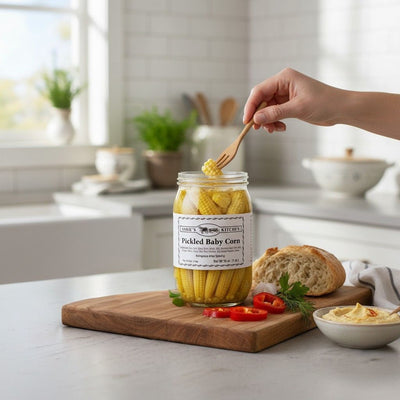 Annie’s Kitchen Pickled Baby Corn served on a cutting board with peppers, bread, and dip in a bright kitchen.