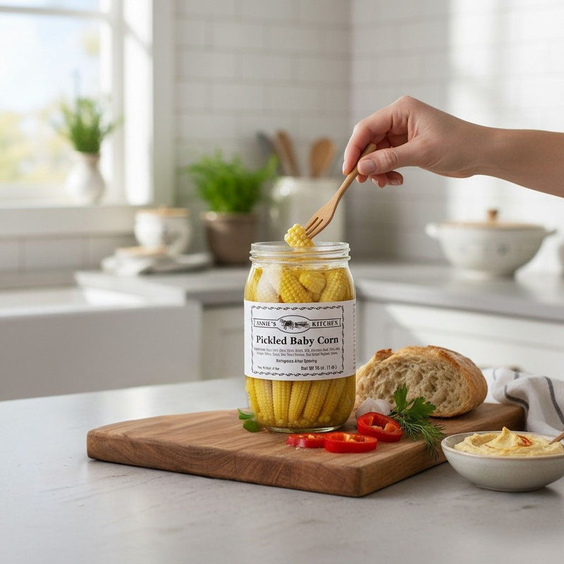 Annie’s Kitchen Pickled Baby Corn served on a cutting board with peppers, bread, and dip in a bright kitchen.