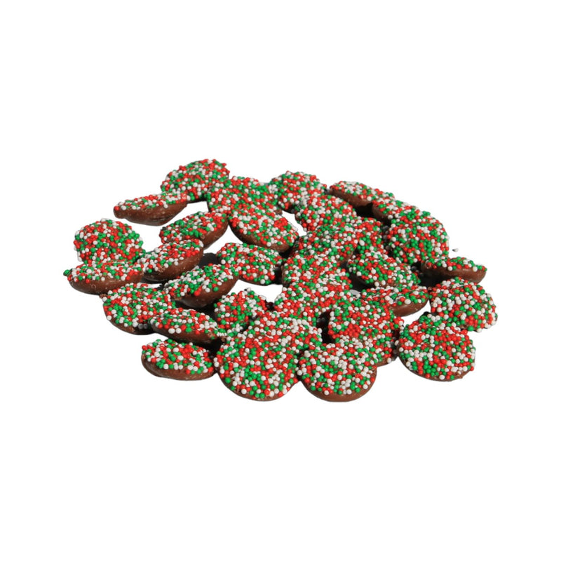 Red, Green, and White sprinkles on Christmas Nonpareils - Milk Chocolate