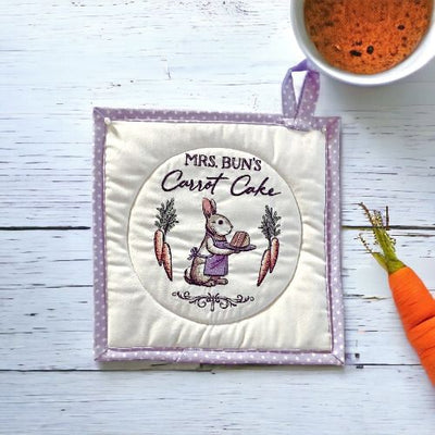"Mrs. Bun's Carrot Cake" Embroidered Potholders/Hot Pad.