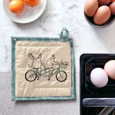 Embroidered Potholders/Hot Pads -Chickens riding a bike!