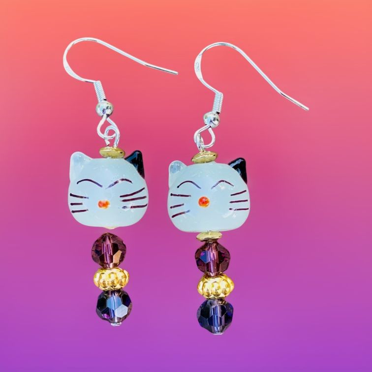 Cat Face Lamp Work Glass Bead Earrings with purple accent beads available at Harvest Array