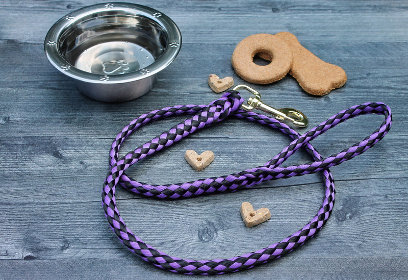 Purple and Black Soft Braided Dog Leash for Dogs Up to 50 pounds. Made in America.