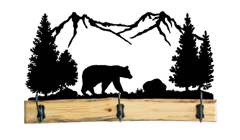 Rustic Wooden Coat Racks with Metal Bear with Trees and Mountain Full Woodland Scenes - 28 Inches