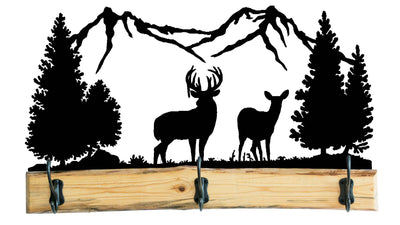 Rustic Wooden Coat Racks with Metal Deer with Trees and Mountain Full Woodland Scenes - 28 Inches