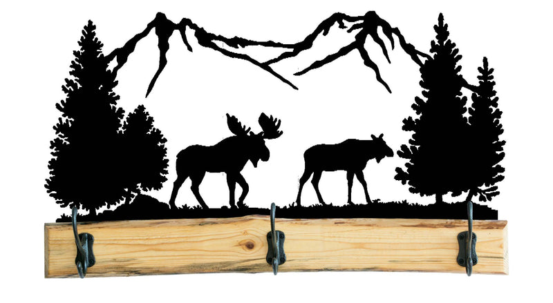 Rustic Wooden Coat Racks with Metal Moose with Trees and Mountain Full Woodland Scenes - 28 Inches