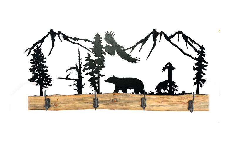 Rustic Wooden Full Scene 38" Bear and Eagle  Coat Rack From Harvest Array