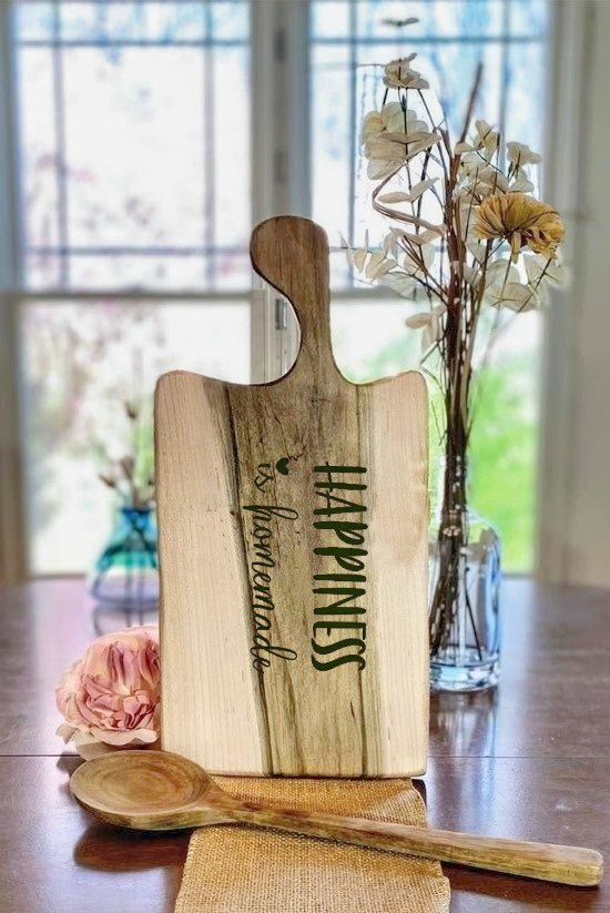 Curved Handle Wooden Serving Tray Cutting Board with "Happiness is Homemade" Engraved