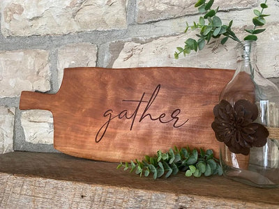 Rectangular Farmhouse Style Wooden Serving Tray Cutting Board engraved with "gather"