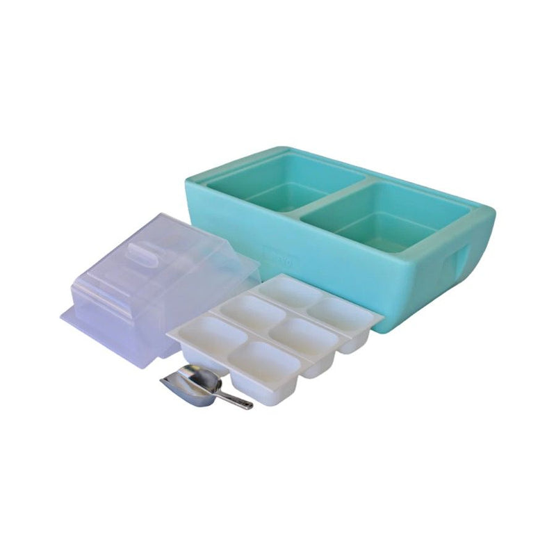 Coastal Cay Dubler Party Cooler with lids, ice scoop, and 3 condiment trays.