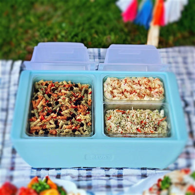 Our Cooler has two separate compartments to keep salads for a picnic cold. REVO Dubler Party Coolers are available at Harvest Array.