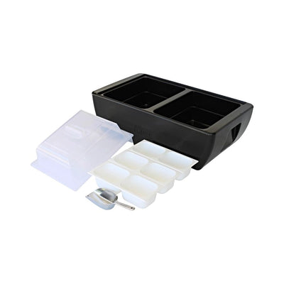 Deep Black Dubler Party Cooler with lids, ice scoop, and 3 condiment trays.