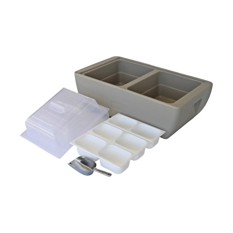 Greige Mist Dubler Party Cooler with lids, ice scoop, and 3 condiment trays. Made in the USA and available from Harvest Array.