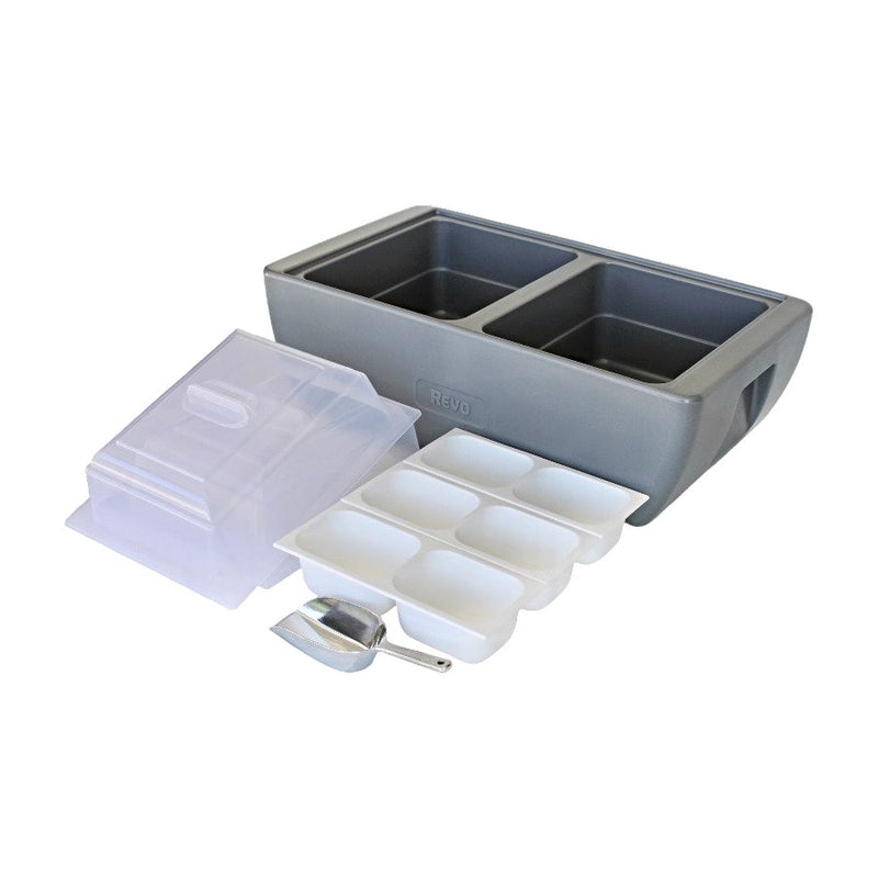 Metallic Gray Dubler Party Cooler with lids, ice scoop, and 3 condiment trays. Made in America.
