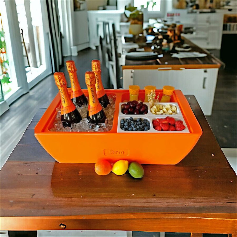 Brighten up your party space with our fun Orange Burst Dubler Party Cooler by REVO, at harvestarray.com.