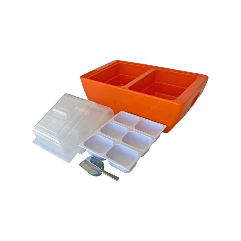Orange Burst Dubler Party Cooler with lids, ice scoop, and 3 condiment trays.