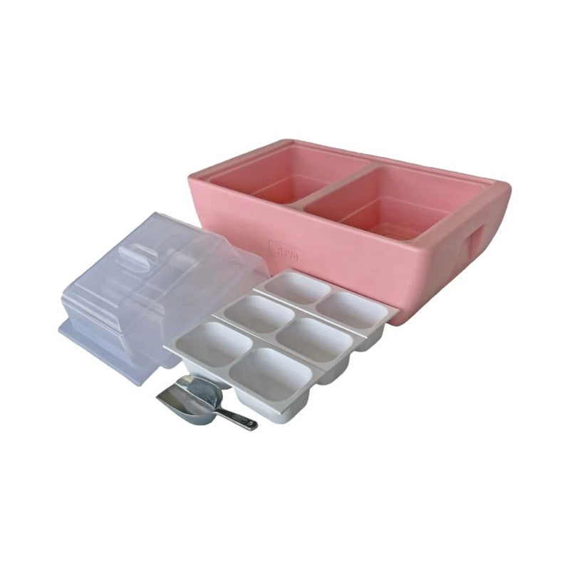 Pink Coral Dubler Party Cooler with lids, ice scoop, and 3 condiment trays.
