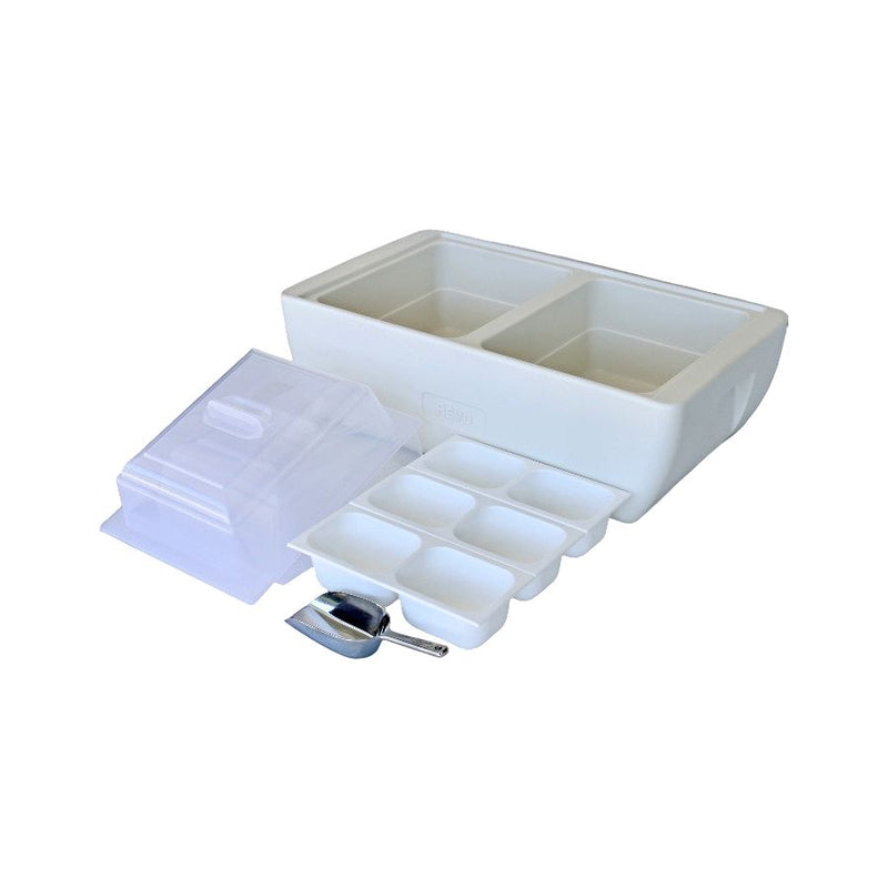 Polar White Dubler Party Cooler with lids, ice scoop, and 3 condiment trays.