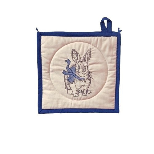 Rabbit wearing a blue ribbon, Embroidered Potholders/Hot Pad
