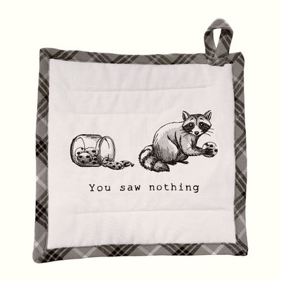 The Raccoon Thief potholder makes a cute gift for raccoon lovers. Purchase online at harvestarray.com