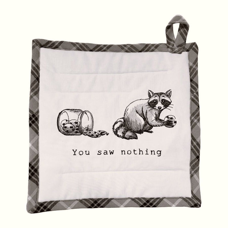 The Raccoon Thief potholder makes a cute gift for raccoon lovers. Purchase online at harvestarray.com