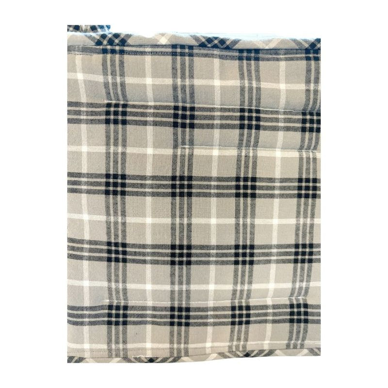 The back of the Raccoon Thief Potholder is sewn with a black, brown, and white plaid material.