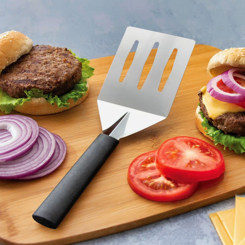 Rada Turnover Spatula with Black Handle  has a large slotted face for flips and draining.  Harvest Array