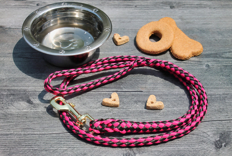 Raspberry and Black Soft Braided Dog Leash for Dogs Up to 50 pounds is easy on the hands, strong, and ideal for walking your precious pooch. 