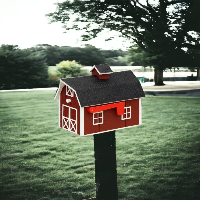 Red and white Wooden Barn Mailbox on the post