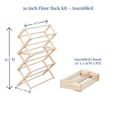 30 Inch Floor Standing Clothes Rack Kit, Assembled Open and Closed, with finished dimensions.