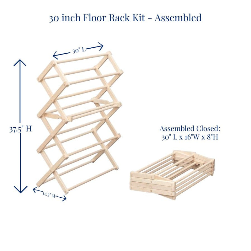 30 Inch Floor Standing Clothes Rack Kit, Assembled Open and Closed, with finished dimensions.