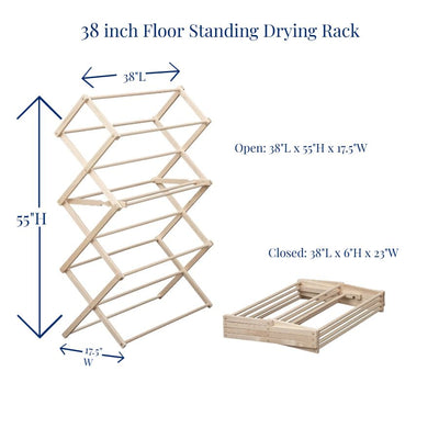 Our 36 inch Wooden Floor Standing Drying Rack is 55 inches tall when fully extended.